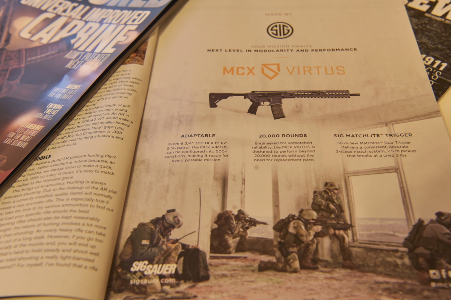 A magazine advertisement for an AR-style firearm describes the ability to customize the firearm and shows soldiers in combat. AR-platform firearms are often marketed using words that emphasizes the firearm’s ability to be customized and evoke a sense of patriotism, freedom and military strength.