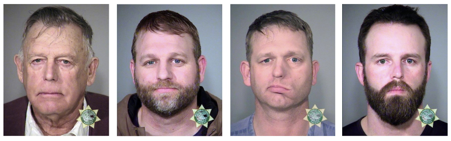 From left; Nevada rancher Cliven Bundy and his sons Ammon Bundy and Ryan Bundy and co-defendant Ryan Payne. Ryan Bundy, who is serving as his own lawyer, was ordered released Monday, Nov. 13, 2017 to a halfway house for the men’s trial stemming from a 2014 armed standoff against government agents in a public lands cattle grazing dispute.