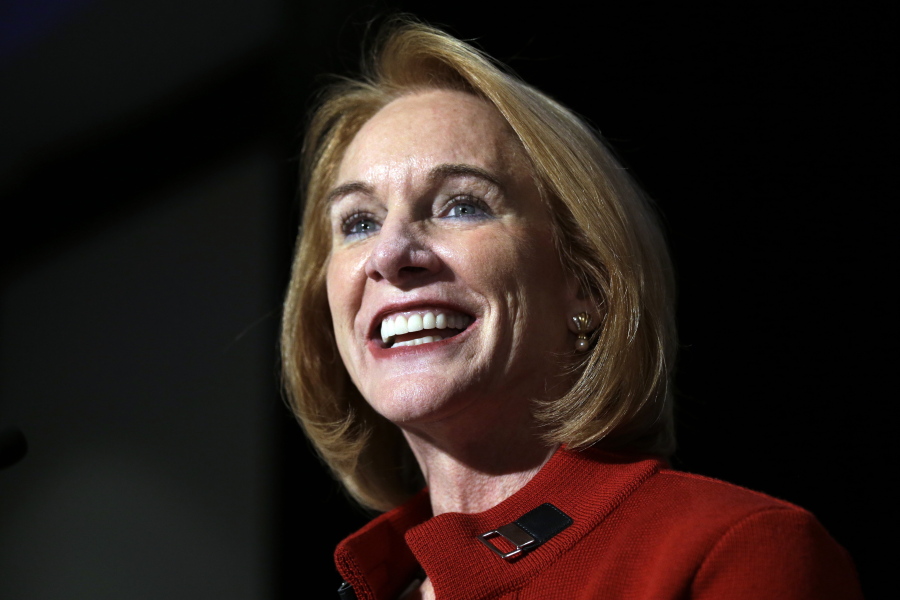 In this Nov. 7, 2017 photo, Seattle mayoral candidate Jenny Durkan smiles as she begins to address supporters on election night in Seattle. Former U.S. Attorney Jenny Durkan will be sworn in Tuesday, Nov. 28, 2017, as Seattle’s mayor, becoming only the second woman to lead the Northwest’s largest city.