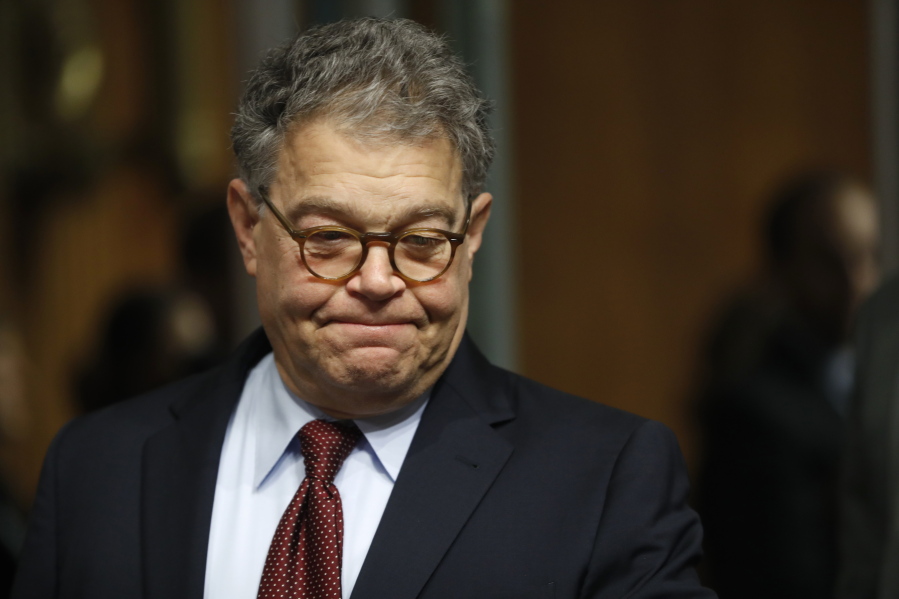 Senate Judiciary Committee member Sen. Al Franken, D-Minn. arrives on Capitol Hill in Washington. Franken apologized Thursday after a Los Angeles radio anchor accused him of forcibly kissing her during a 2006 USO tour and of posing for a photo with his hands on her breasts as she slept.