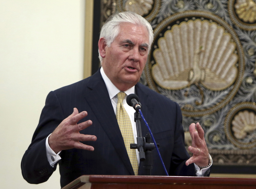 U.S. Secretary of State Rex Tillerson speaks during a news conference in Naypyitaw, Myanmar. The State Department is hitting back at the growing bipartisan criticism of Tillerson’s leadership, who is being accused of presiding over a debilitating brain drain of the nation’s diplomatic corps. In a letter to the Senate Foreign Relations Committee’s Republican chairman, the agency said Tillerson’s reorganization plans aren’t crippling the agency.