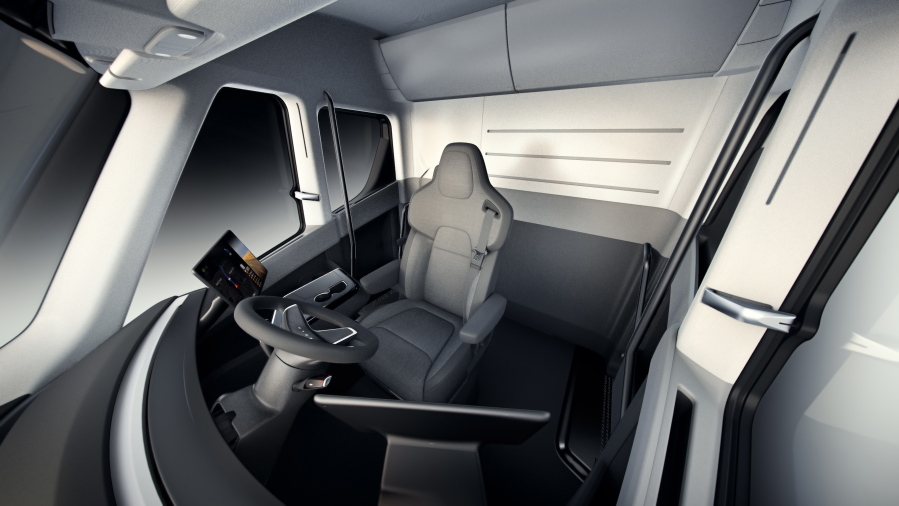This photo provided by Tesla shows the interior overview of the new electric semitractor-trailer unveiled on Thursday, Nov. 16, 2017. The move fits with Tesla CEO Elon Musk’s stated goal for the company of accelerating the shift to sustainable transportation.