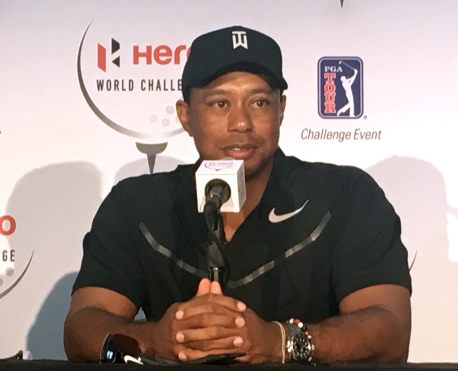 Tiger Woods speaks at a press conference at the Albany Golf Club in Nassau, Bahamas, Tuesday, Nov. 28, 2017. Woods is playing in this weeks Hero World Challenge, his first tournament since fusion surgery on his lower back in April.