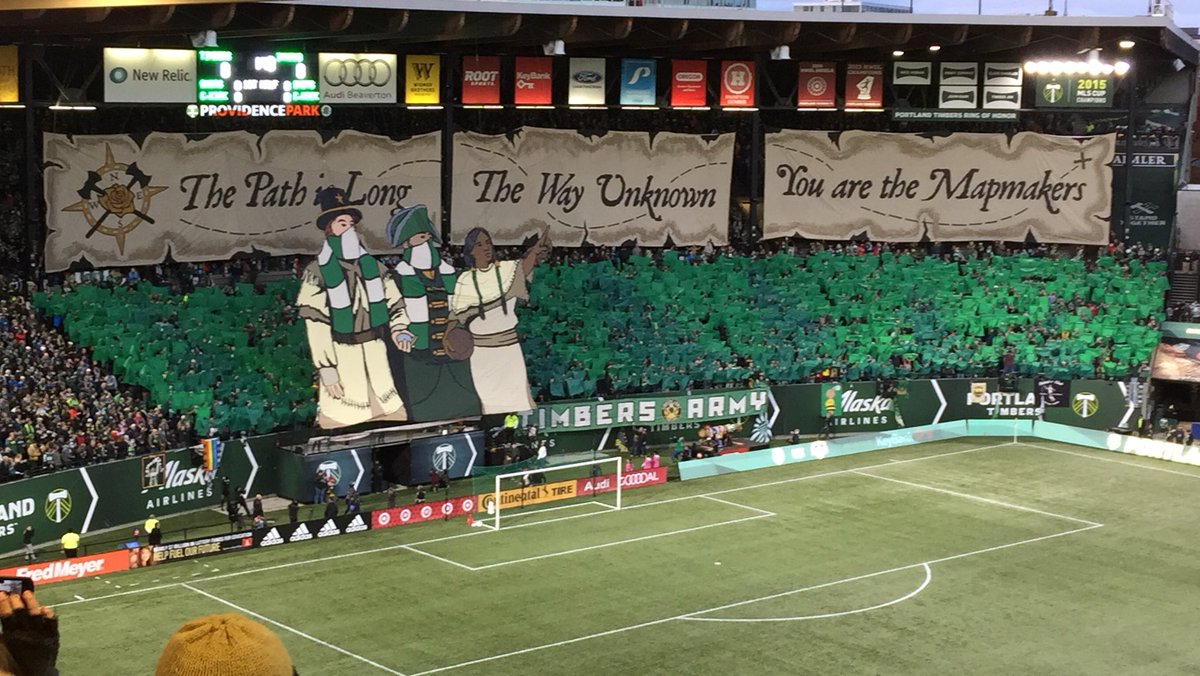 The Timbers Army fan section raises a Lewis & Clark-theme tifo prior to the MLS playoff match against Houston on Sunday, Nov. 5, 2017, at Providence Park. Houston won the match 2-1 to advance to the Western Conference final.