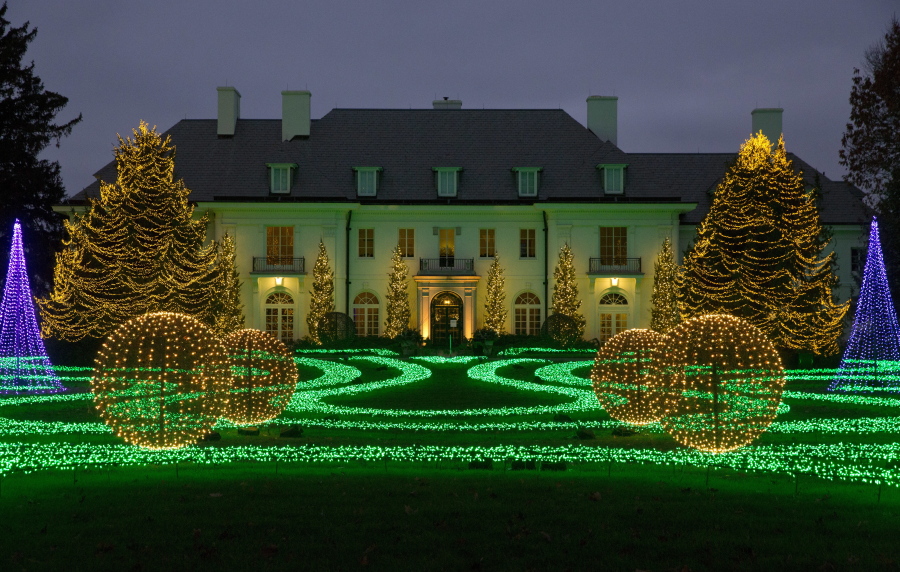 The Lilly House at Newfields is part of the Winterlights holiday light display on the museum’s grounds in Indianapolis.