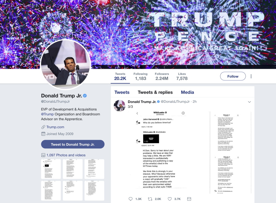 This image of Donald Trump Jr.’s Twitter account shows a series of direct messages he received from the Twitter account behind the WikiLeaks website, including his responses to the communications, which he posted on Monday. The direct messages had been turned over to congressional committees investigating Russian intervention in the 2016 election and if there were any links to Donald Trump’s campaign. Trump Jr.’s release of the messages on Twitter came hours after The Atlantic first reported them.