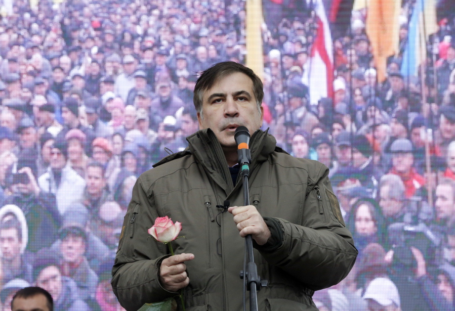 Former Georgian President Mikheil Saakashvili speaks to his supporters during a rally outside the Ukrainian parliament in Kiev, Ukraine. Former Georgian President Mikhail Saakashvili, who now heads a Ukrainian opposition party, said Monday Nov. 20, 2017, he’s ready to become the new prime minister, after organising a series of street protests against President Petro Poroshenko, accusing him of stalling reforms and covering up corruption.