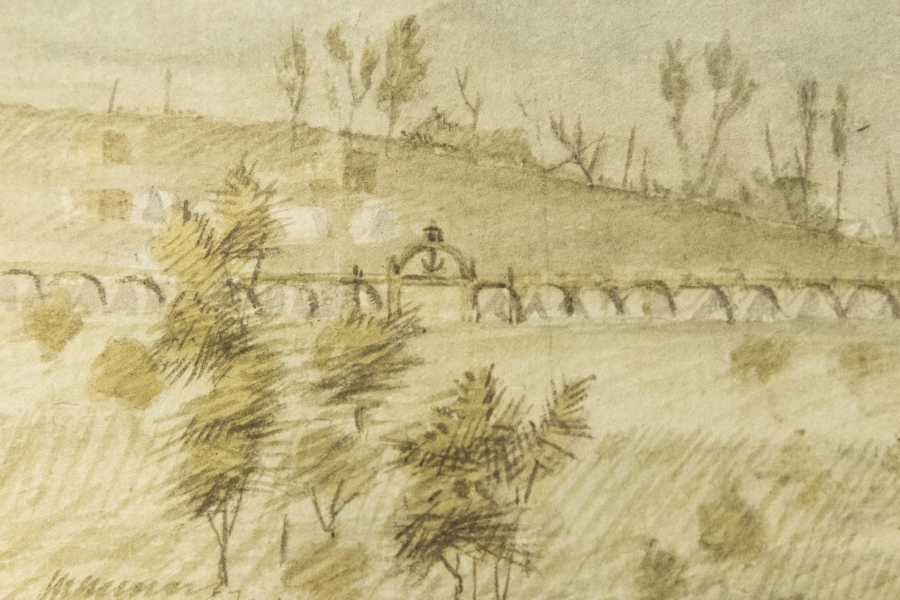 A recently discovered painting offers a glimpse into the Revolutionary War, including this detail of tents. The watercolor panorama of a Continental Army encampment features the only known wartime depiction of George Washington’s headquarters tent, which is also the marquee exhibit at the American Revolution Museum, which opened in April in Philadelphia.