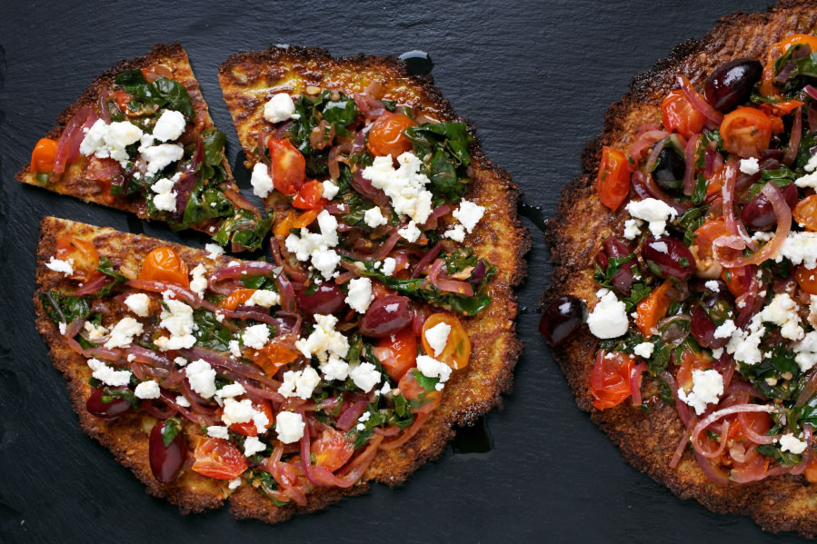 Cauliflower Pizzas With Chard and Olives