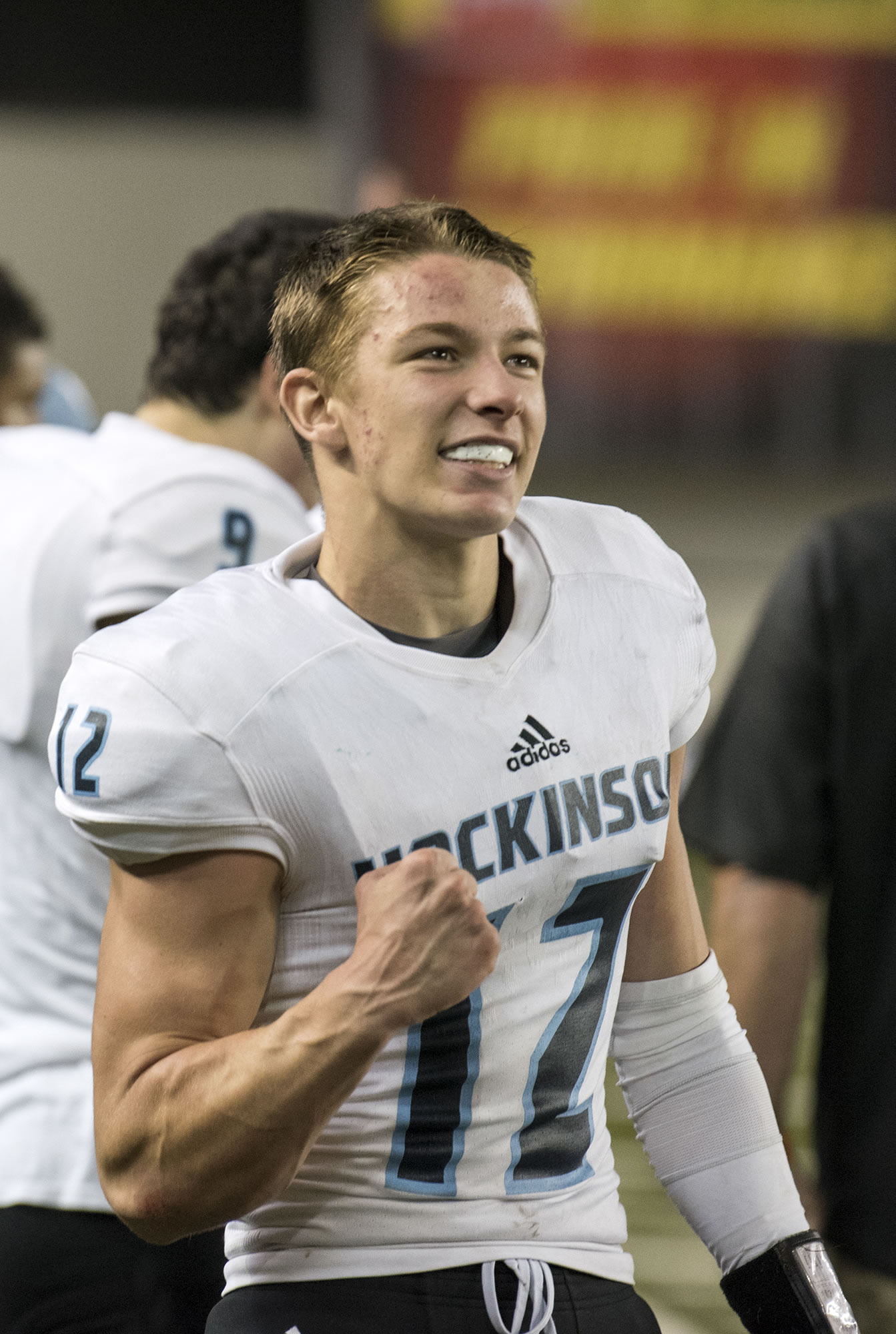 Hockinson's Canon Racanelli (12) celebrates as he looks up at the scoreboard during the fourth quarter of the 2A state football championship game on Saturday, Dec. 2, 2017, in Tacoma, Wash.