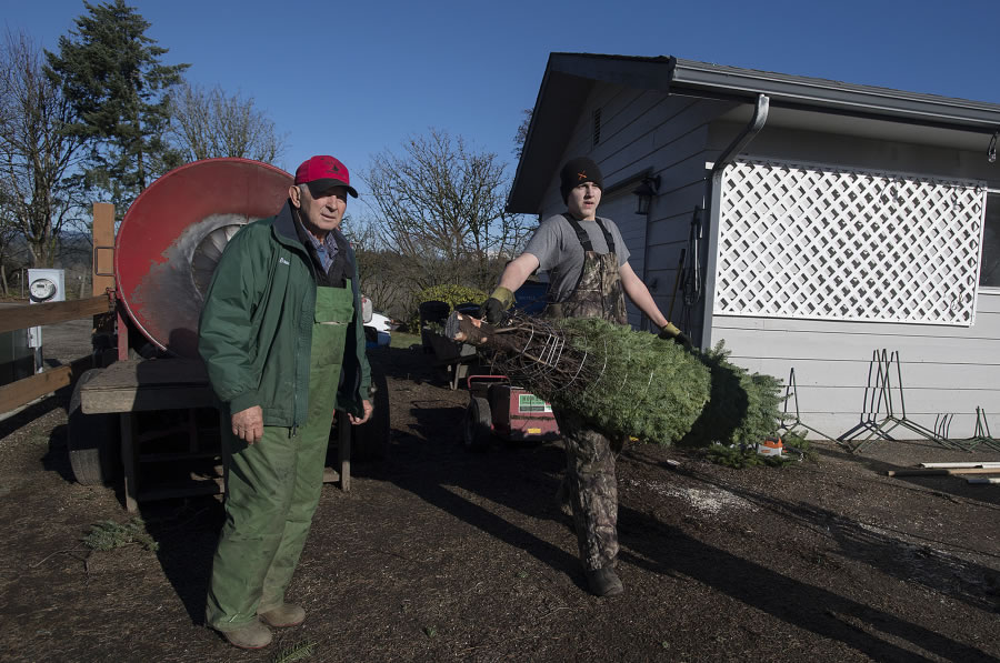 Bruce Wiseman, left, and neighbor Sean Morris help a customer with their tree at The Tree Wisemans in Ridgefield.