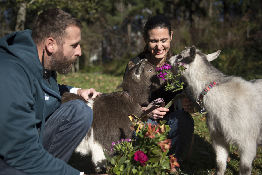 Tyler Alexander and his wife Ginny Garcia-Alexander feed flowers to Om Nom and Nibbles outside their home in Portland.