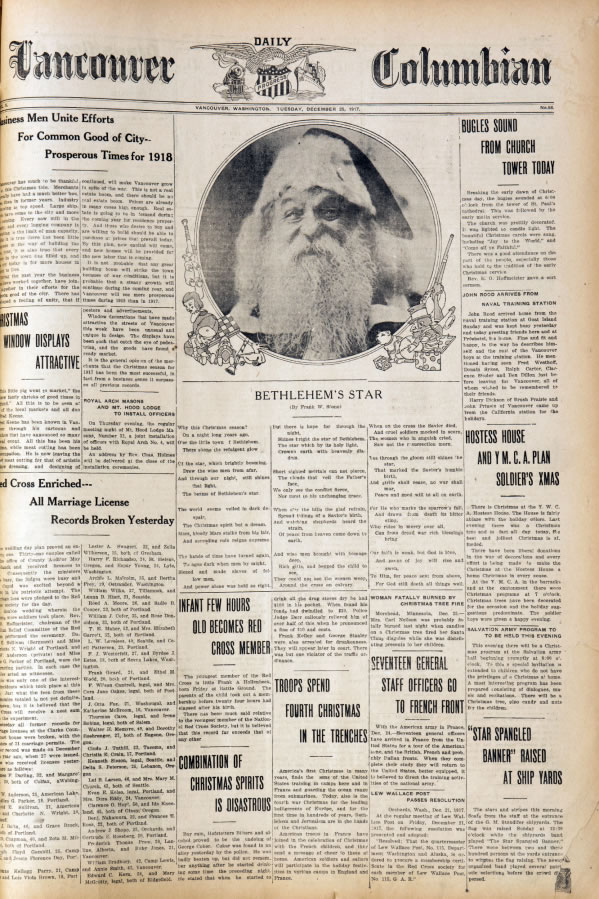 A photo of the Vancouver Daily Columbian’s front page for Dec. 25, 1917.
