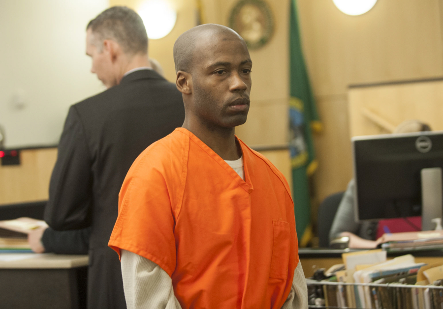 Gregory Antonio Wright appears in Clark County Superior Court for his arraignment in April 2015. Wright was convicted Tuesday of manslaughter in the July 2014 death of 19-year-old Daytona Hudgins at a homeless camp in Vancouver.