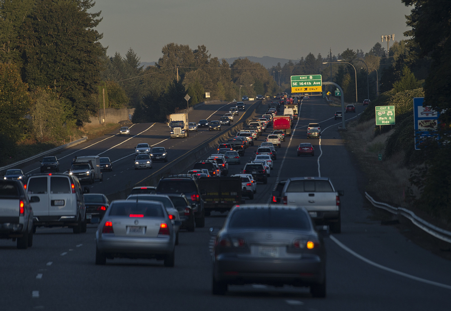 Morning commute traffic backs up as motorists traveling west on state Highway 14 approach the Southeast 164th Avenue exit Oct. 4.
