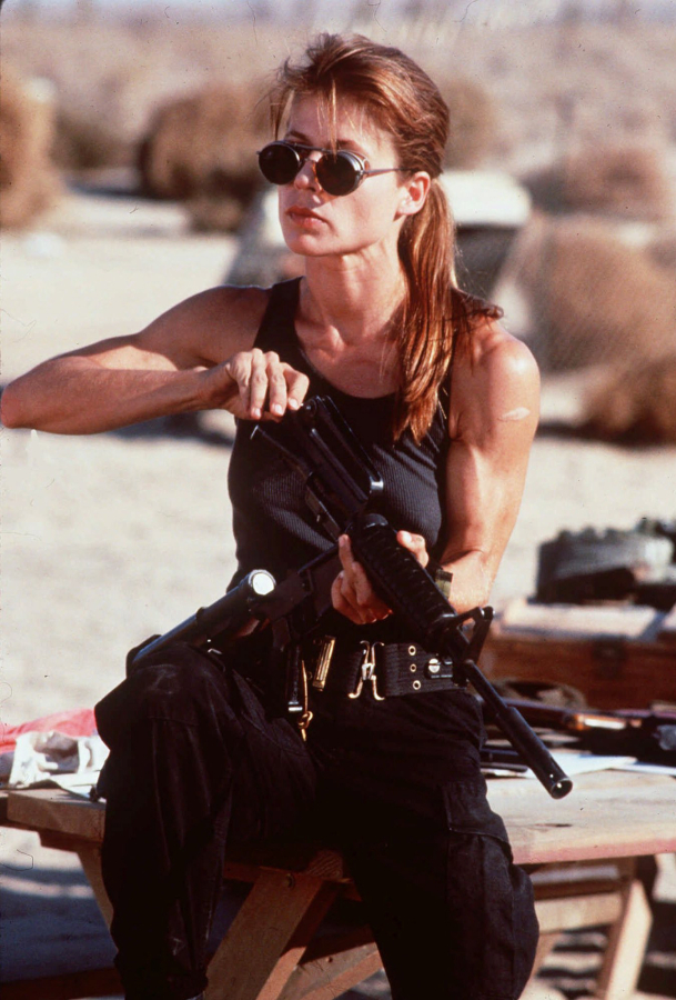 Linda Hamilton appears in a scene from the 1991 movie “Terminator 2: Judgment Day.” The film has been rereleased on DVD.
