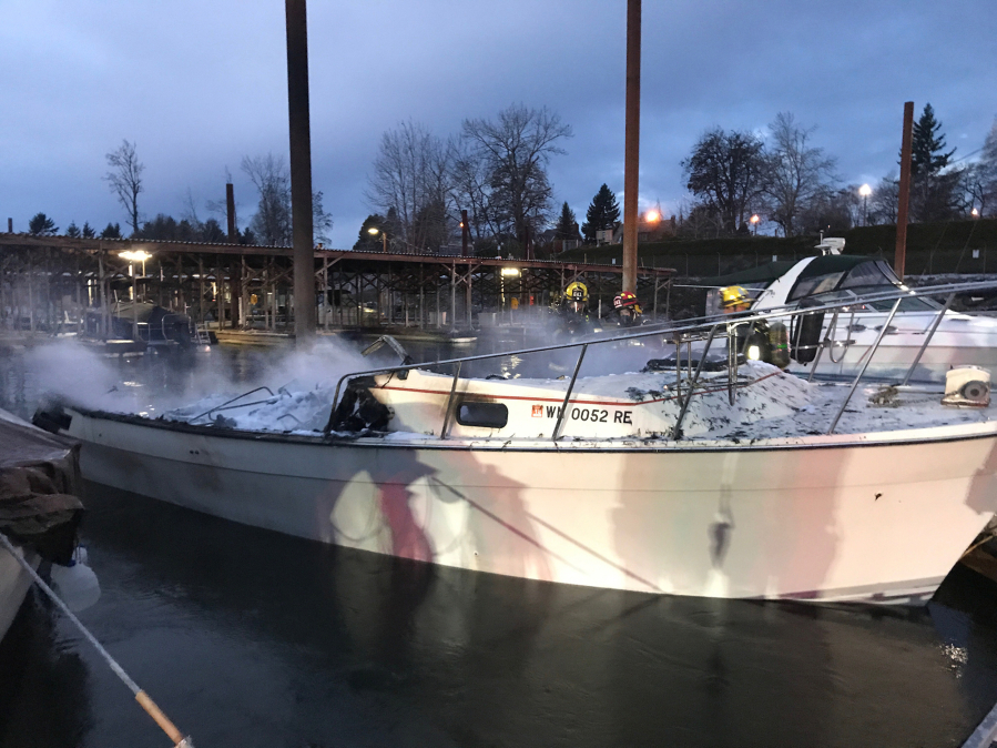 A fire destroyed a boat moored at the marina near the Washougal Waterfront Park on Tuesday afternoon.