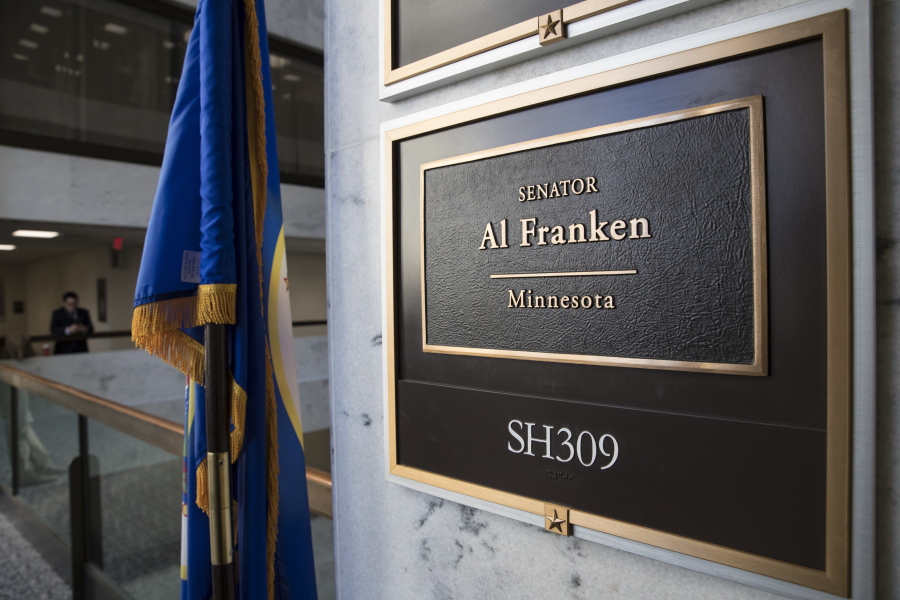 FILE - In this Dec. 7, 2017 file photo, the office of Sen. Al Franken, D-Minn., is seen in the Hart Senate Office Building on Capitol Hill in Washington. Most Americans say sexual misconduct is a major problem in U.S. society wherever people go to work, train or learn, and too little is being done to protect victims. That’s according to a new poll by the Associated Press-NORC Center for Public Affairs Research. (AP Photo/J.