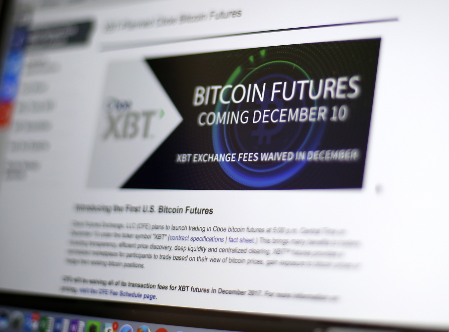 The Chicago Board Options Exchange website announcing that bitcoin futures would start trading on the CBOE on Sunday evening. Bitcoin futures will start trading a week later on the Chicago Mercantile Exchange.