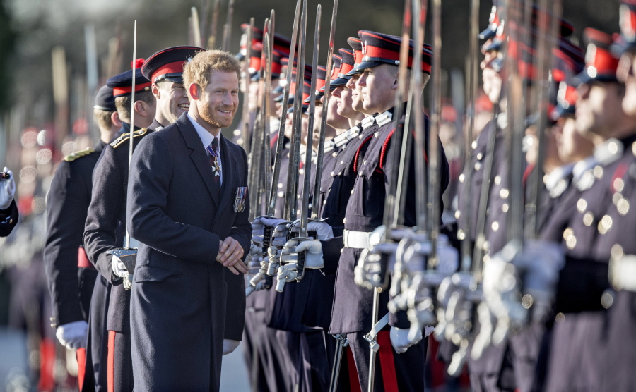 Britain’s Prince Harry inspects the cadets during the Sovereign’s Parade on Friday at The Royal Military Academy Sandhurst in Sandhurst, England.