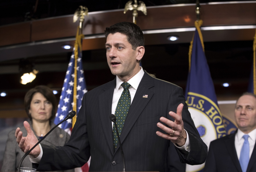 Speaker of the House Paul Ryan, R-Wis., flanked by Rep. Cathy McMorris Rodgers, R-Wash., left, and House Majority Whip Steve Scalise, R-La., updates reporters on the GOP tax bill following their weekly policy meeting, on Capitol Hill in Washington, Tuesday, Dec. 12, 2017. (AP Photo/J.