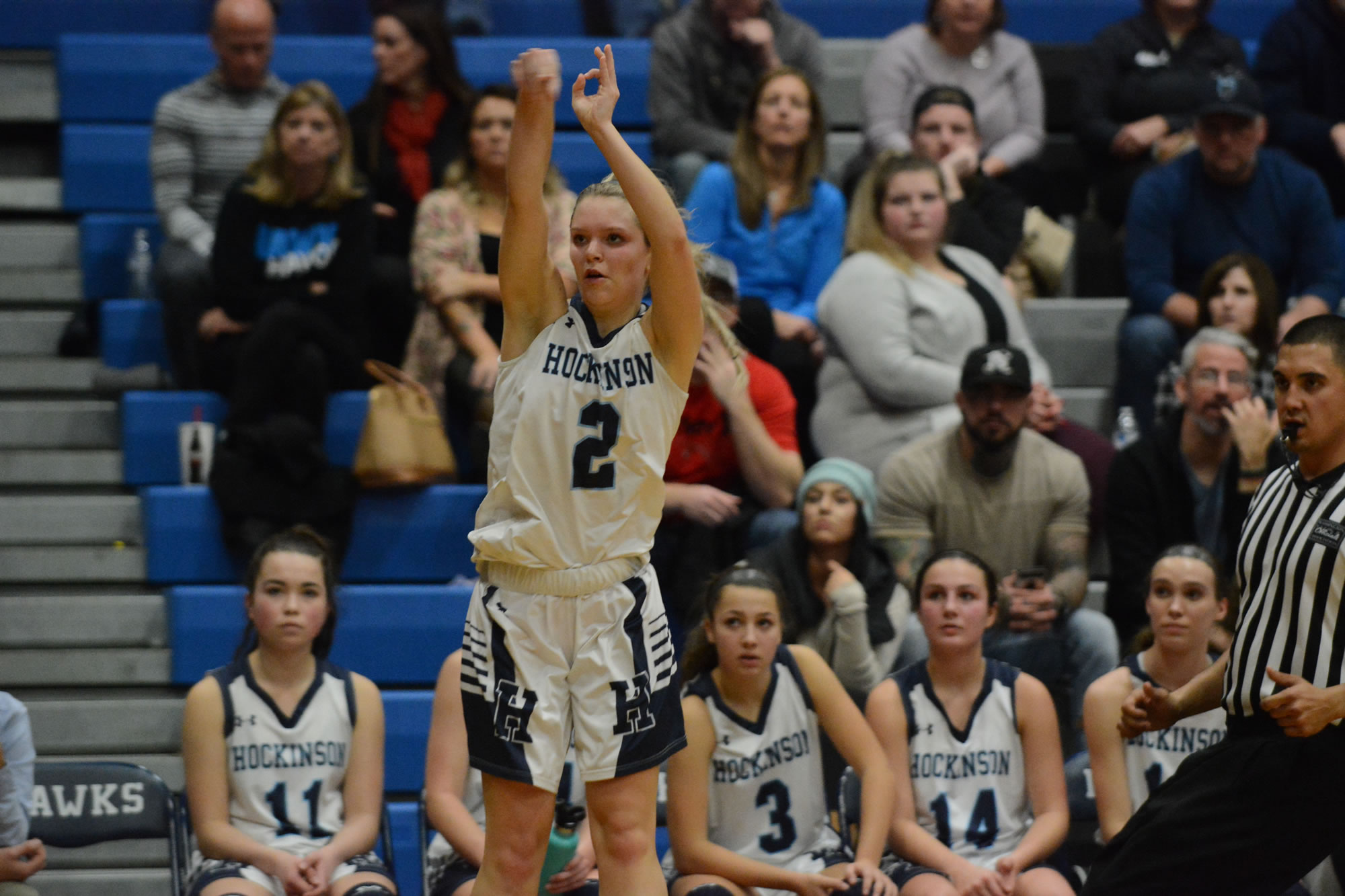 Hockinson senior Payton Wangler releases on a 3-point attempt in the fourth quarter of a 56-48 win over Woodland at Hockinson High School, on Monday, Dec.