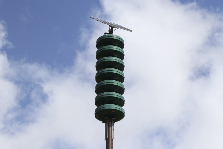 A Hawaii Civil Defense Warning Device, which sounds an alert siren during natural disasters, is shown in Honolulu on Wednesday. The alert system is tested monthly, but on Friday Hawaii residents will hear a new tone designed to alert people of an impending nuclear attack by North Korea. The attack warning will produce a different tone than the long, steady siren sound that people in Hawaii have grown accustomed to. It will include a wailing in the middle of the alert to distinguish it from the other alert, which is generally used for tsunamis.