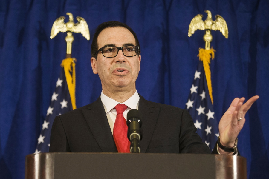 Treasury Secretary Steve Mnuchin speaks at a news briefing at the Hilton Midtown hotel during the United Nations General Assembly, in New York. Authorities said a gift-wrapped box of horse manure addressed to Mnuchin was found near his home in Los Angeles. The package was found Saturday night, Dec. 23, in the tony Bel Air neighborhood after it was dropped off at a neighbor’s house.