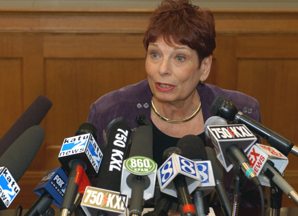 Portland Mayor Vera Katz speaks at a press conference at City Hall in Portland in this March 18, 2003, file photo.  Katz's family has announced that the former mayor has died.