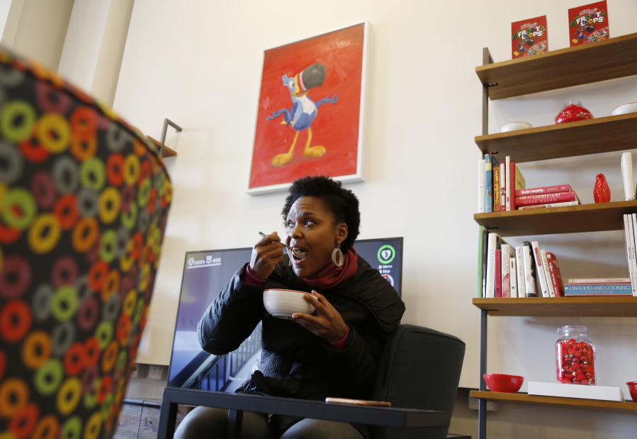 Shanelle Gabriel eats a bowl of cereal at Kellogg’s NYC Cafe in New York.