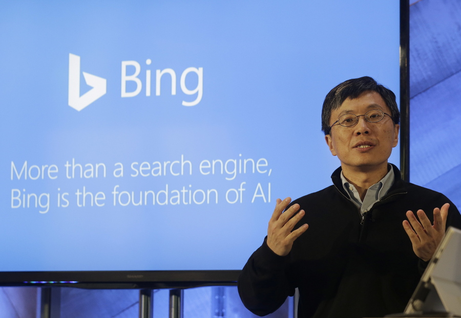 Harry Shum, executive vice president of Microsoft’s Artificial Intelligence and Research, speaks at a Microsoft event in San Francisco.