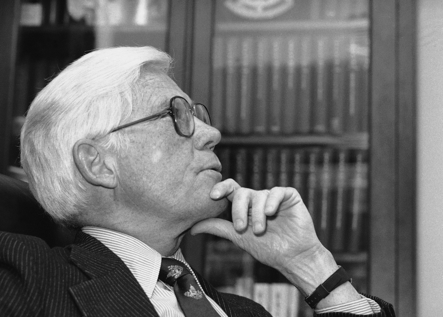 FILE - In this Dec. 10, 1979 file photo, Rep. John B. Anderson R-Ill., faces reporters in Washington. The former congressman and presidential candidate has died. A family statement says the 95-year-old Rockford Republican died Sunday, Dec. 3, 2017, in Washington, D.C. Anderson served ten terms in the U.S. House of Representatives and sought the Republican presidential nomination in 1980. He later waged an independent campaign against Democratic President Jimmy Carter and GOP challenger Ronald Reagan. Anderson received 7 percent of the national vote.