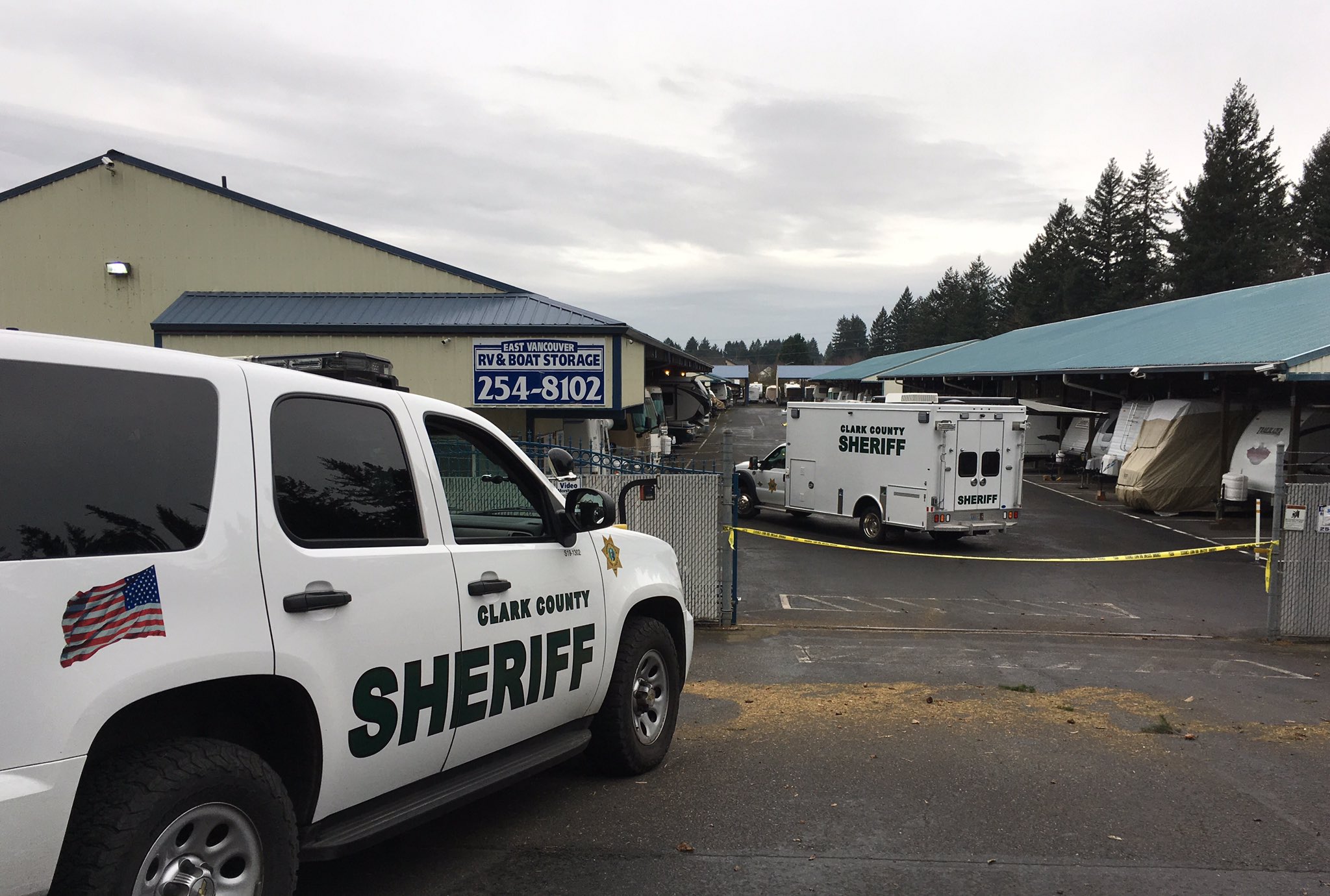 Clark County Sheriff's Office major crimes unit is investigating a suspicious death at an RV storage unit business located at 1306 N.E. 172nd Ave. on Friday, Dec. 15, 2017.