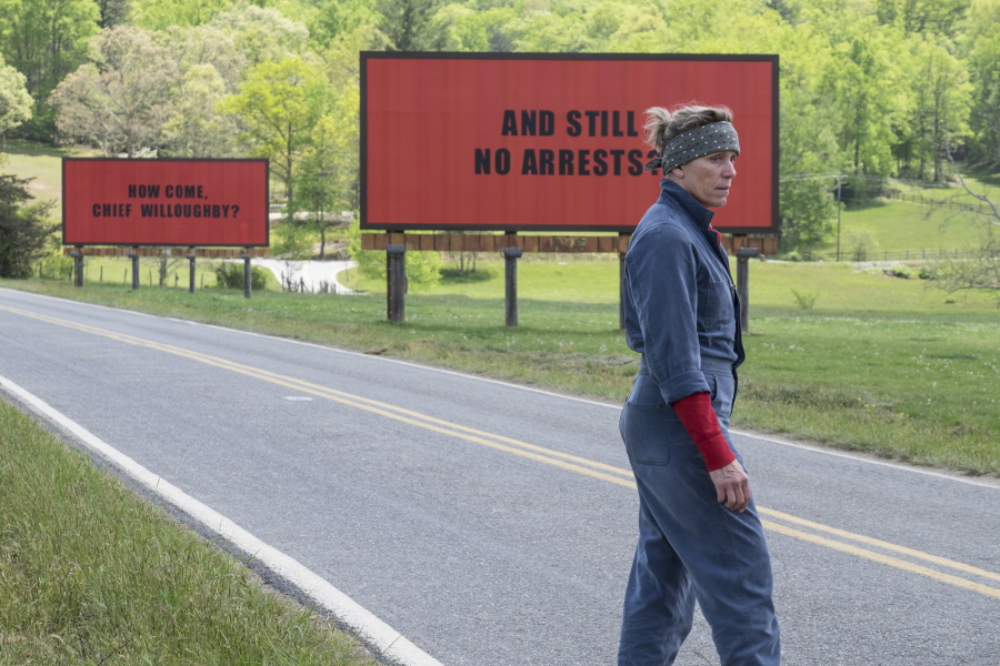 This image released by Fox Searchlight shows Frances McDormand in a scene from “Three Billboards Outside Ebbing, Missouri.” “Three Billboards Outside Ebbing, Missouri” landed a leading four Screen Actors Guild Awards nominations, including best ensemble.