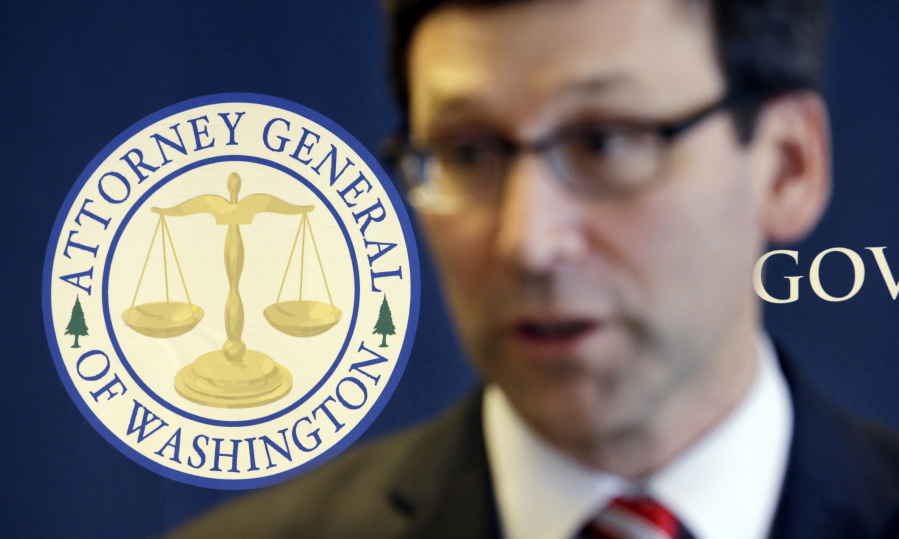 In this March 6, 2017, file photo, the logo for the Washington State Attorney General's office stands behind as Attorney General Bob Ferguson speaks at a news conference, in Seattle. Washington taking the lead among states in legal battles against President Trump's travel ban was voted the state's top news story of 2017 by Associated Press member editors and AP staff.
