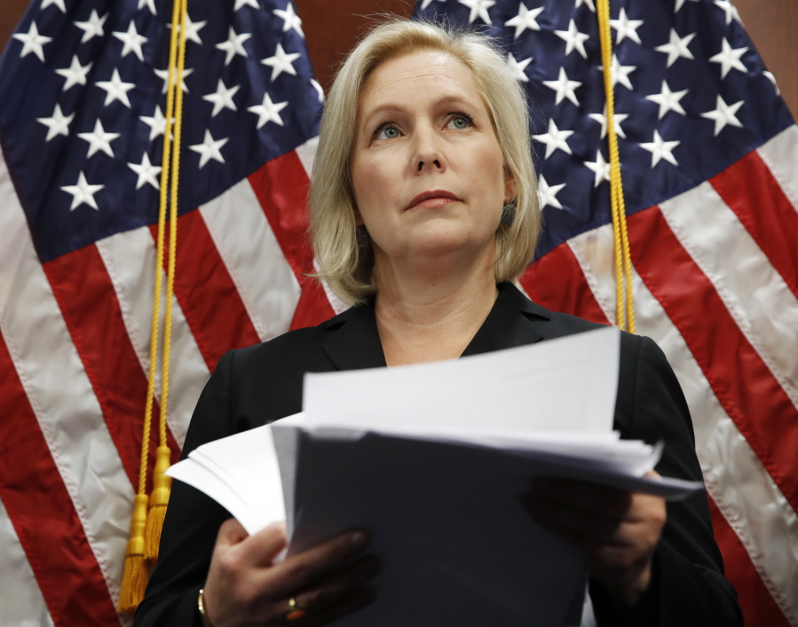 Sen. Kirsten Gillibrand, D-N.Y., attends a news conference, Tuesday, on Capitol Hill in Washington. Gillibrand says President Donald Trump’s latest tweet about her was a “sexist smear” aimed at silencing her voice.
