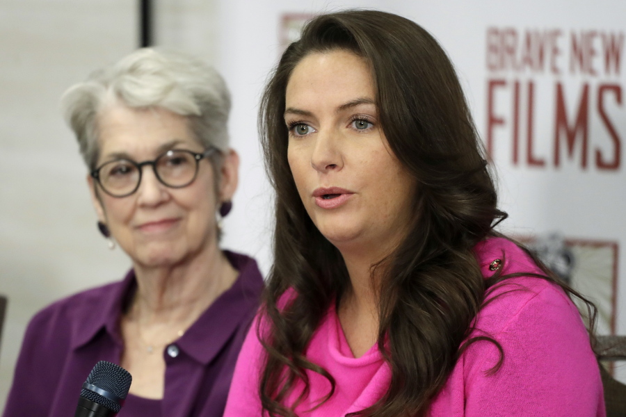 Jessica Leeds, left, and Samantha Holvey attend a news conference, Monday, Dec. 11, 2017, in New York to discuss their accusations of sexual misconduct against Donald Trump. The women, who first shared their stories before the November 2016 election, were holding the news conference to call for a congressional investigation into Trump’s alleged behavior.