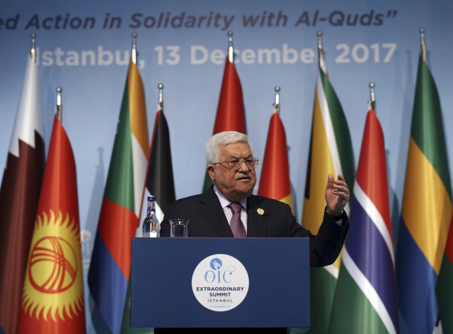 Palestinian President Mahmoud Abbas speaks Wednesday at a news conference following the Organisation of Islamic Cooperation’s Extraordinary Summit in Istanbul.