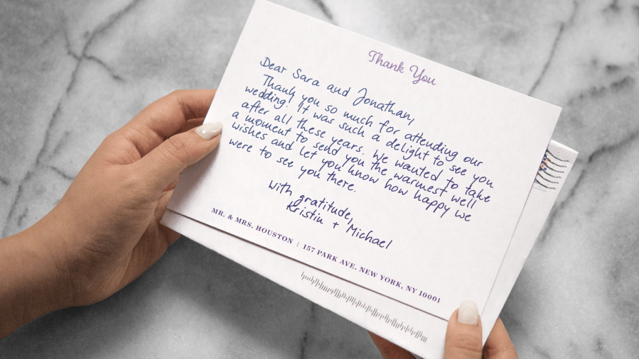 A wedding thank-you note created using the Bond Gifting Inc.’s robotic technology, which mimics handwriting. Bond Gifting Inc.