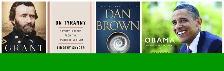 This combination photo shows popular books released in 2017, from left, “Grant,” a biography by Ron Chernow, released by Penguin Press; “On Tyranny: Twenty Lessons From the Twentieth Century,” by Timothy Snyder, released by Tim Duggan Books; “Origin,” a novel by Dan Brown, released by Doubleday; and “Obama: An Intimate Portrait,” by Pete Souza, released by Little, Brown and Company.