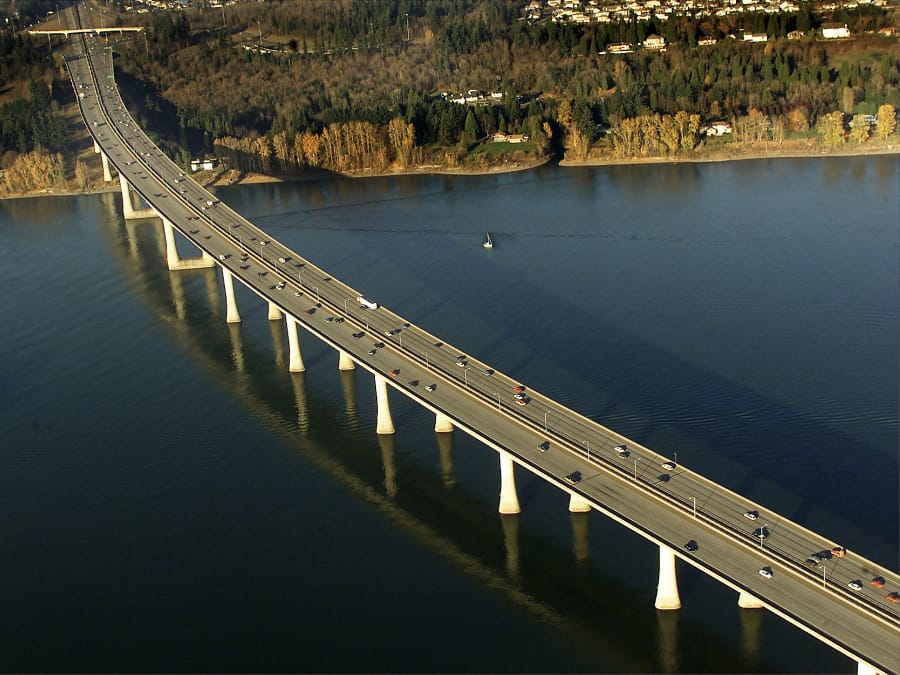 Traffic flows along Interstate 205 on the Glenn Jackson Bridge, looking north to east Vancouver. The 11,750-foot-long span was a factor in the growth of east Vancouver when it opened in 1982.