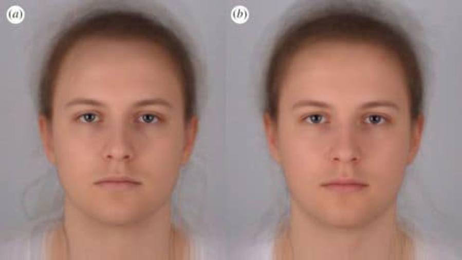 Scientists combined 16 photo portraits into one composite image. On the left, the composite “sick” face, and on the right, the composite healthy one. Audrey Henderson/St.