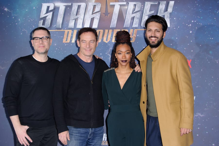 “Star Trek: Discovery” producer Aaron Harberts, from left, and cast members Jason Isaacs, Sonequa Martin-Green and Shazad Latif in London on Nov. 5.
