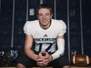 Hockinson quarterback Canon Racanelli, the All-Region football player of the year, is pictured in the locker room at Hockinson High School, Thursday November 30, 2017.