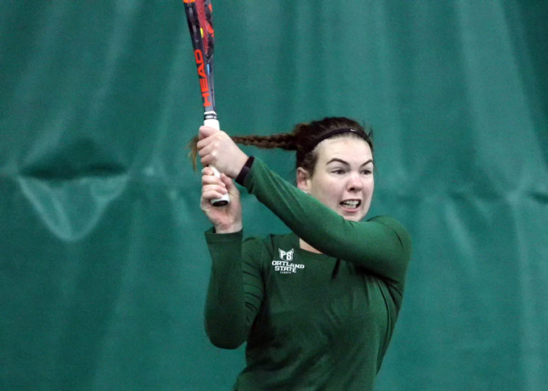 Portland State redshirt sophomore Brianna Thompson, of Brisbane, Australia, plays in the No. 1 singles match against South Dakota on Sunday, Jan. 21, at Evergreen Tennis Center in Camas.