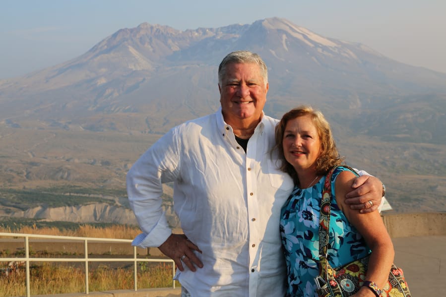 Mike Cairns, left, and Sue Nystrom reunite at Mount St. Helens in 2017.
