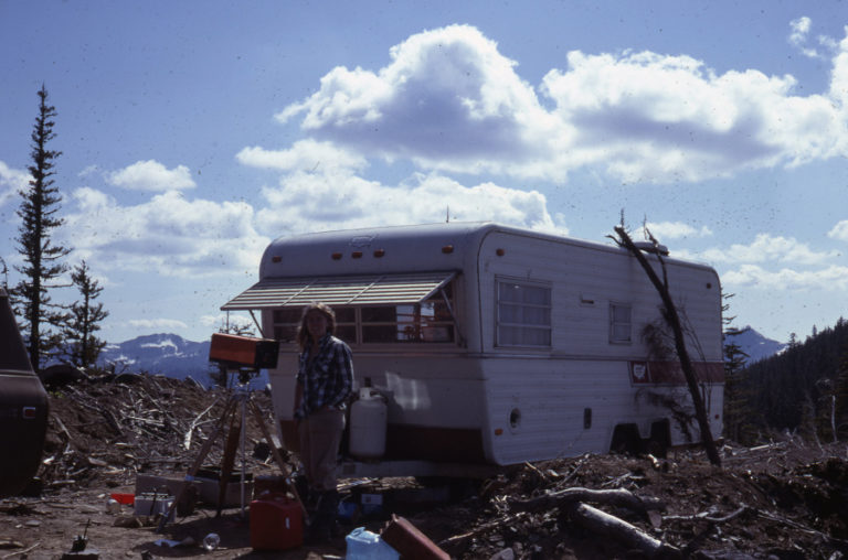 Mindy Brugman at Coldwater II on May 17, 1980, while studying glaciers on Mount St. Helens.
