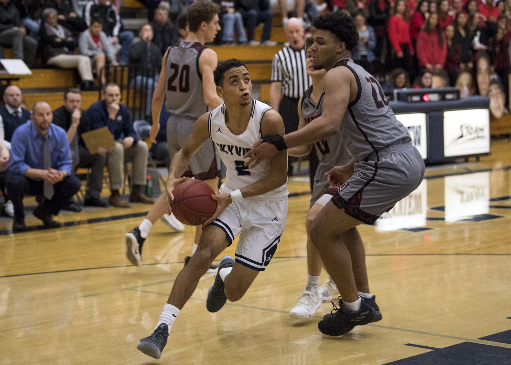 Skyview's Jovon Sewell (2) dribbles past Union's Alishawuan Taylor (22) during Friday night's game at Skyview High School in Vancouver on Jan. 5, 2018. Skyview defeated Union 59-55.