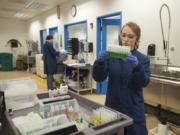 Lab technologist Rebecca Consbruck analyzes urine samples while working with colleagues at Molecular Testing Labs on Monday afternoon. Like many life sciences companies in Clark County, the east Vancouver company expects to grow in 2018.