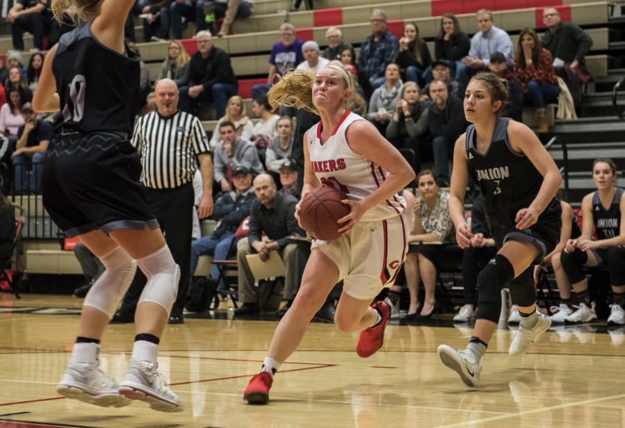 Camas’ Haley Hanson (11) eyes the basket for a shot during Tuesday night’s 4A Greater St. Helens League game against rival Union. Camas won 46-44.